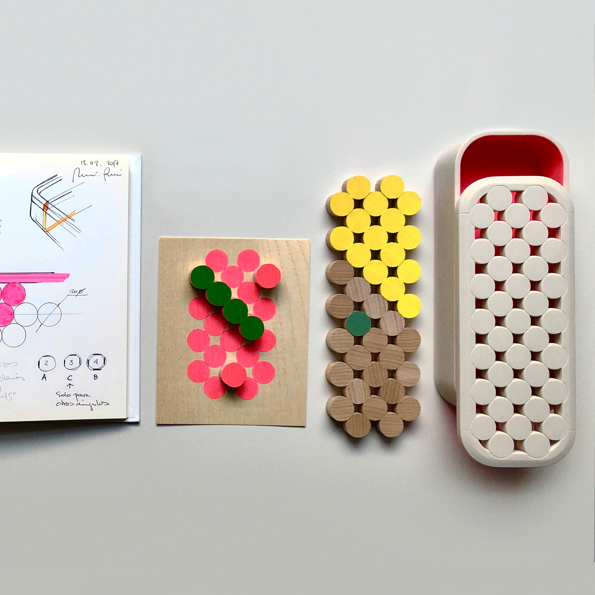 Joy wood boxed prototype and sketch, designed by Mario Ruiz for MadLab