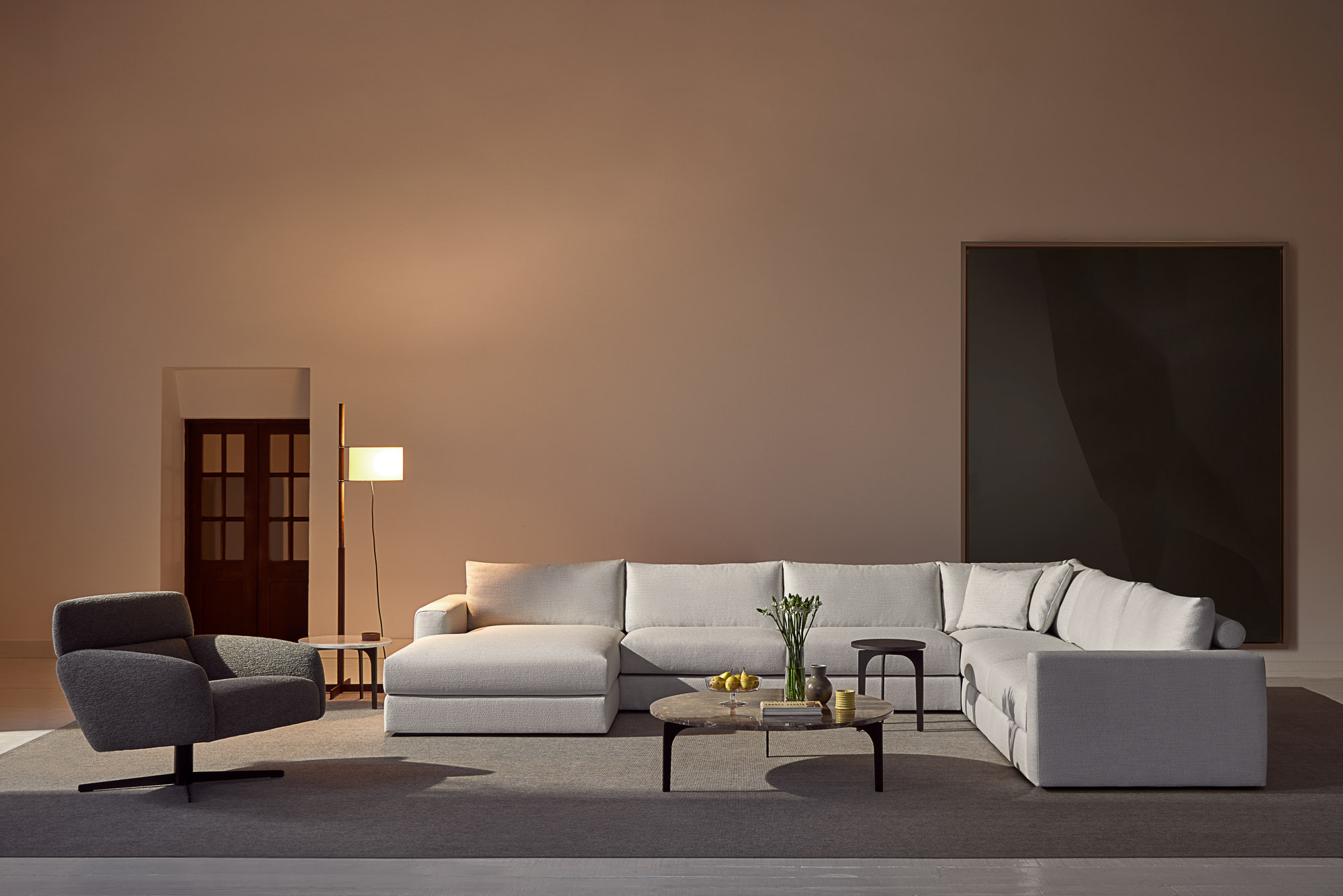 Front sofa system, Ethos lounge chair and Padi tables by Mario Ruiz for Joquer
