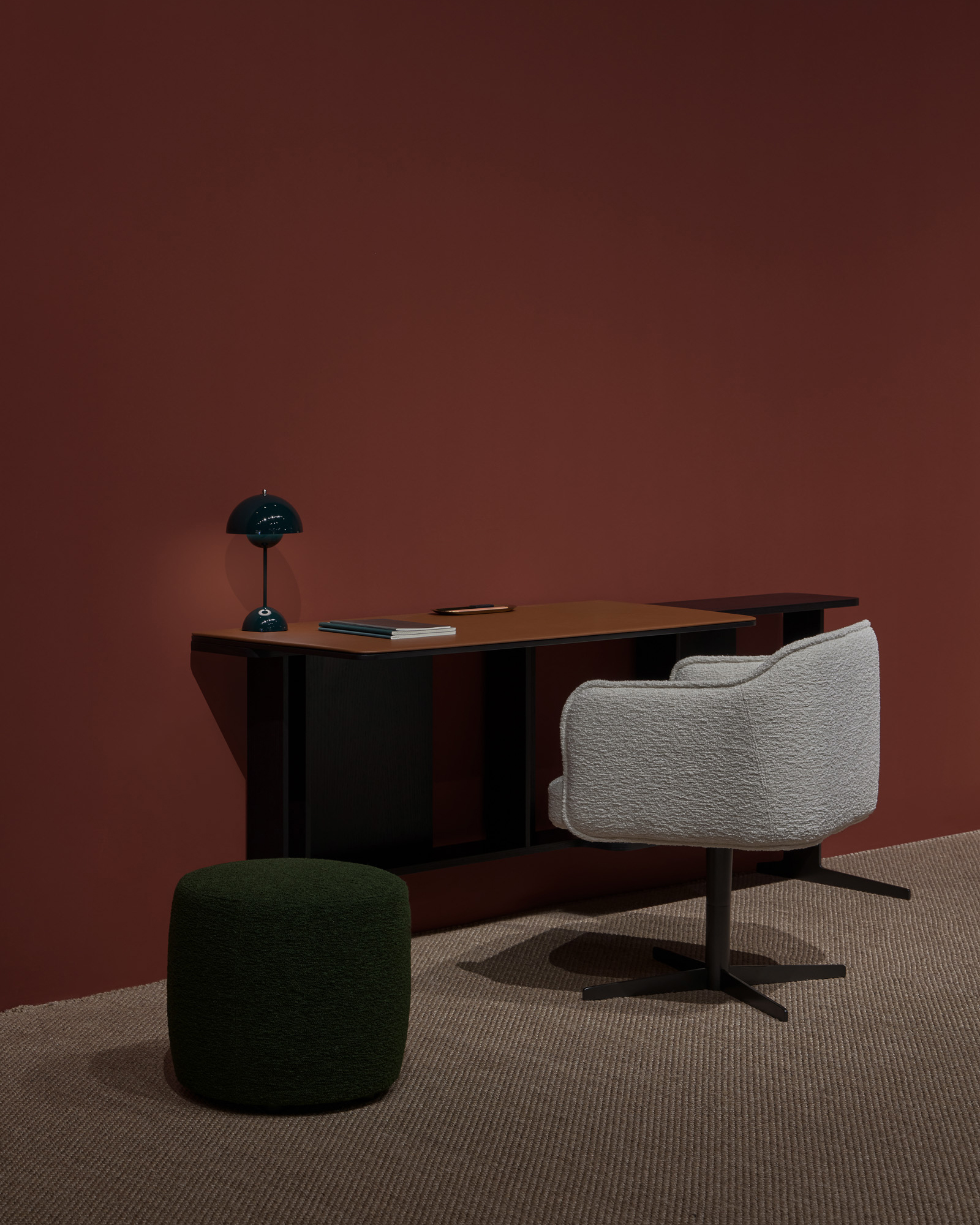 Serene desk and Serene chair with elevated base by Mario Ruiz for Joquer