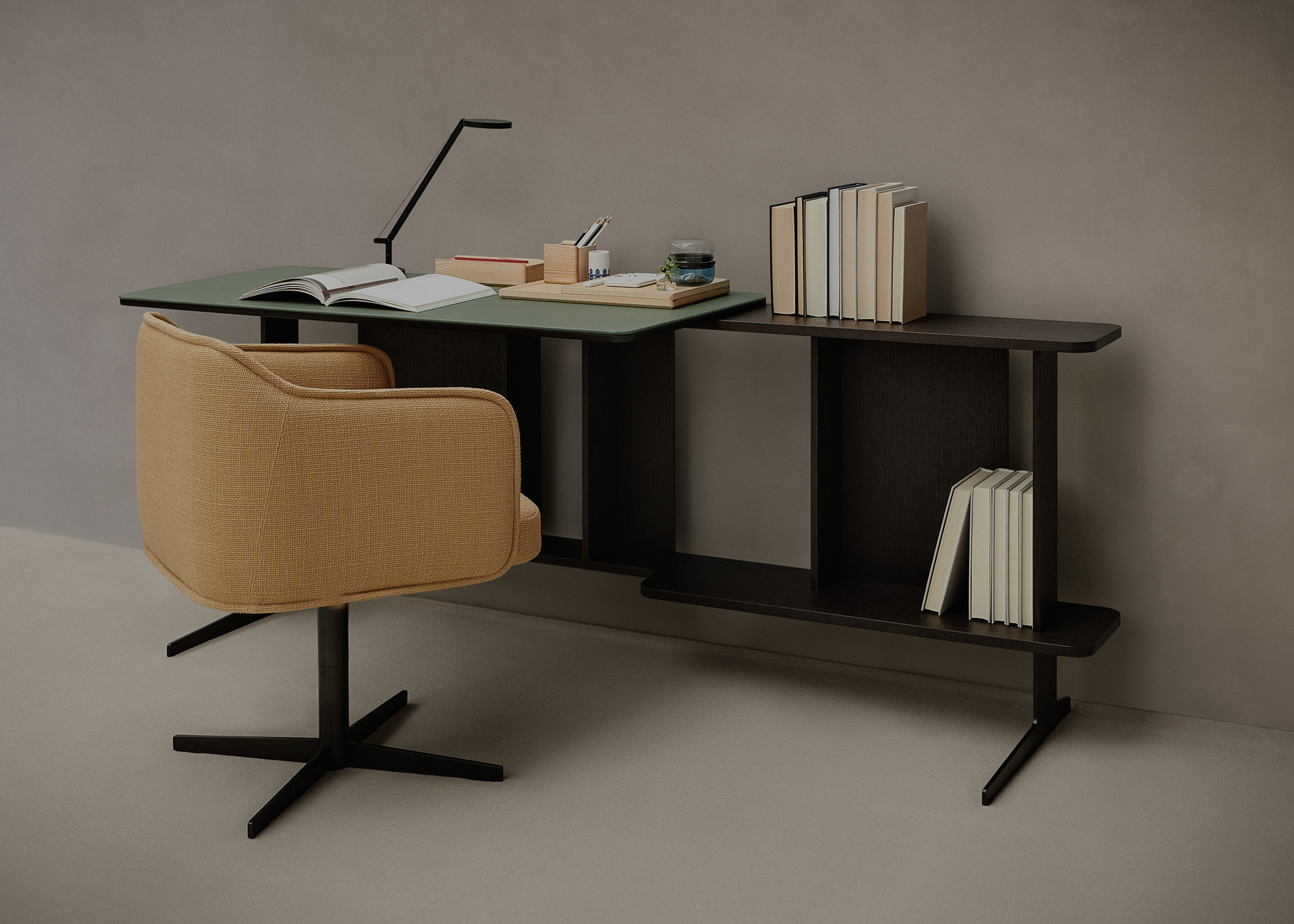 Serene desk and Serene chair with elevated base by Mario Ruiz for Joquer