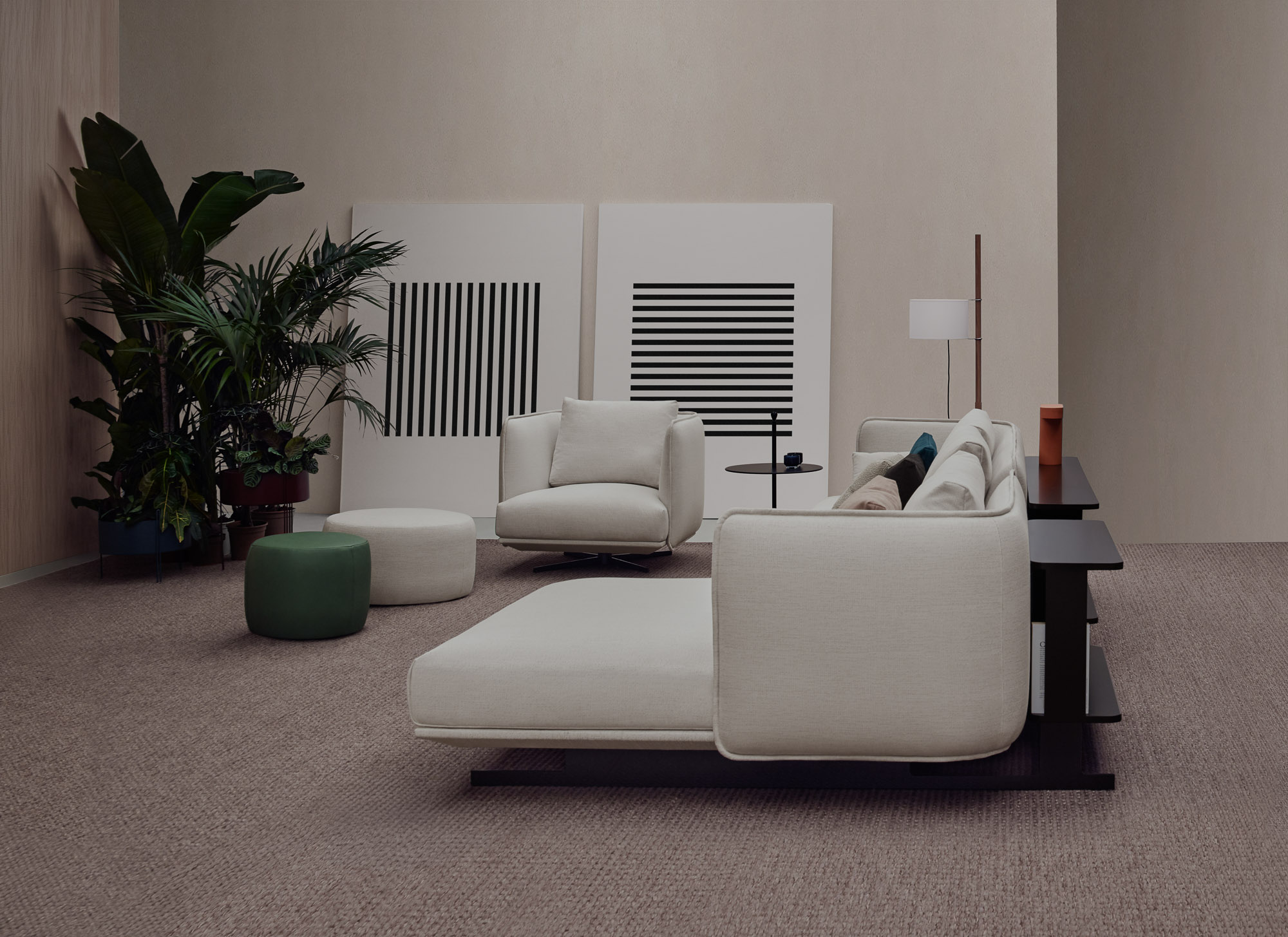 Serene sofa system and lounge chair, elevated base, designed by Mario Ruiz for Joquer