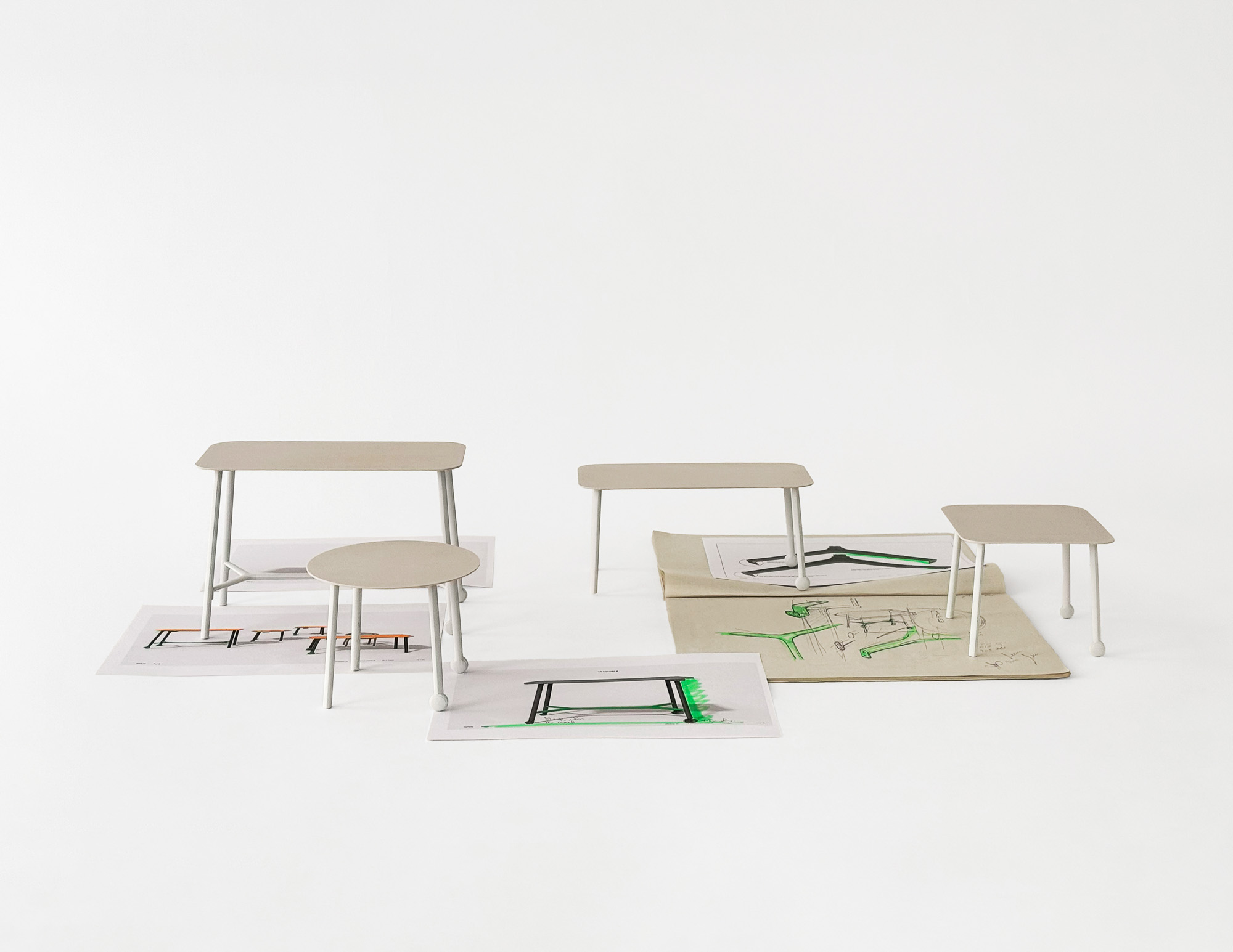 Models and sketches of the Bevy Mobile tables collection by Mario Ruiz for Studio TK