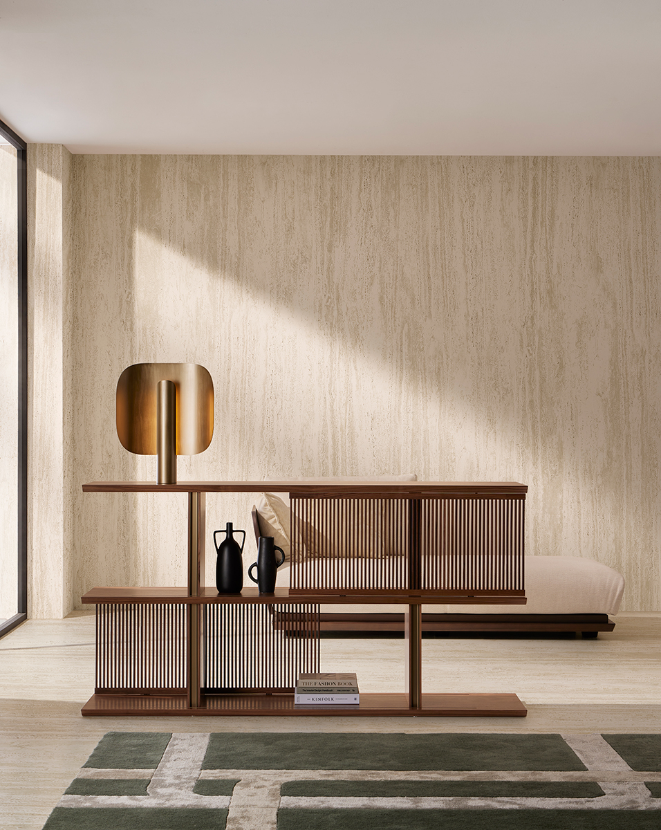 Stockholm freestanding bookcase, rug and lamp designed by Mario Ruiz